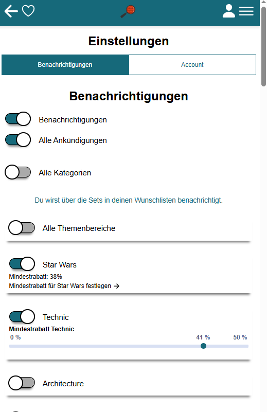Themenbereiche einstellen Brick-Tracker App