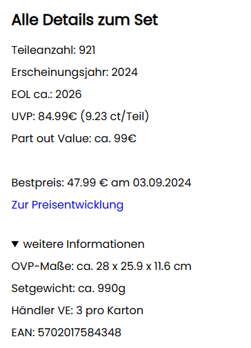 Technische Daten & Grundinfos eines Lego Sets