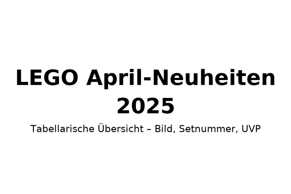 LEGO April-Neuheiten 2025 – Tabellarische Übersicht (Bild, Setnummer, UVP), schwarzer Text auf weißem Hintergrund