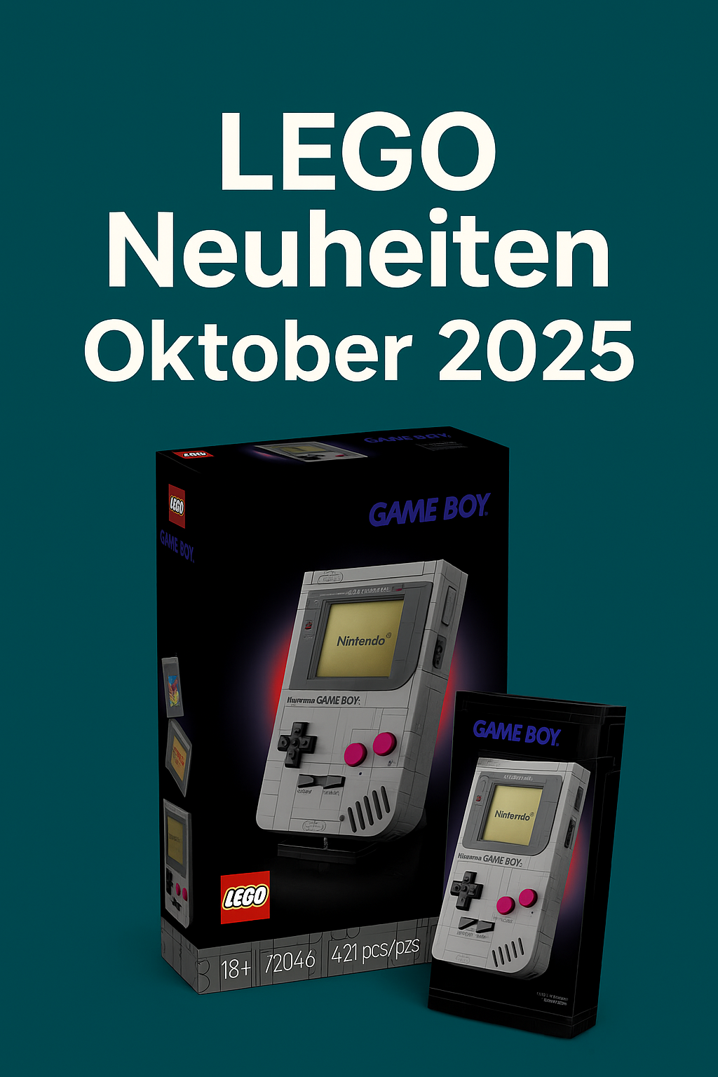 LEGO 72046 Game Boy Set auf tealgrünem Hintergrund mit dem Schriftzug „LEGO Neuheiten Oktober 2025“ – Beitragsbild zum Brick-Tracker-Review der LEGO Neuheiten