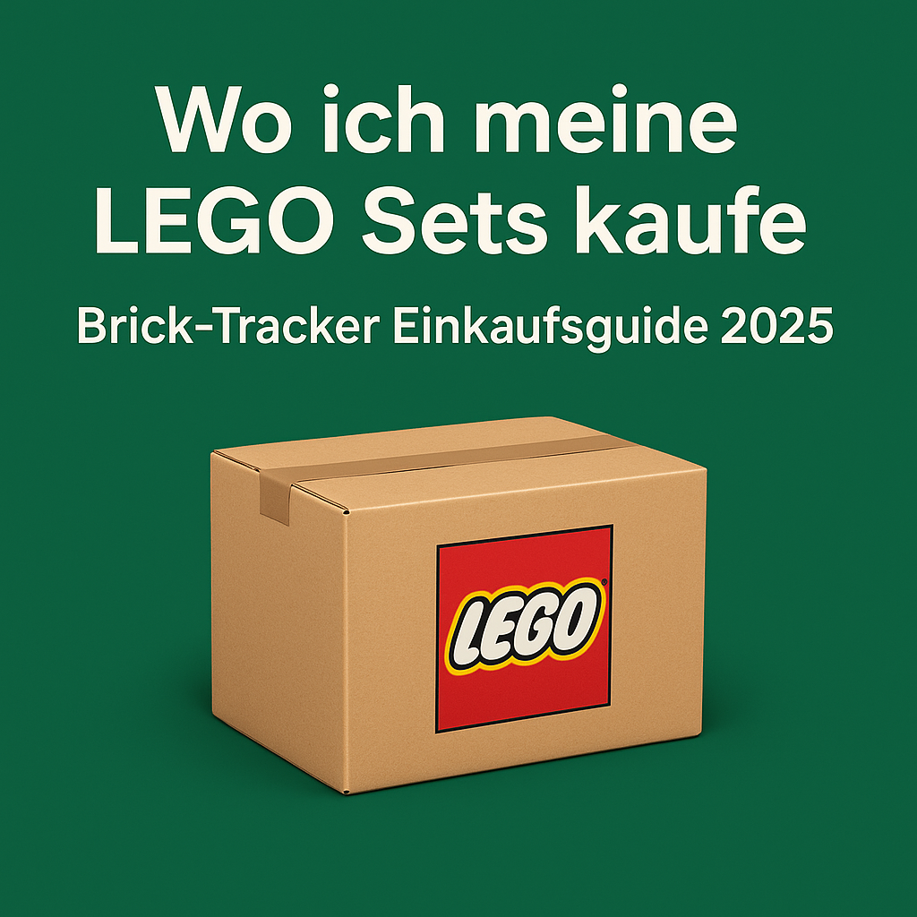 Brick-Tracker Beitragsbild mit grünem Hintergrund, weißem Schriftzug „Wo ich meine LEGO Sets kaufe“ und einem LEGO-Versandkarton im Vordergrund – Einkaufsguide 2025
