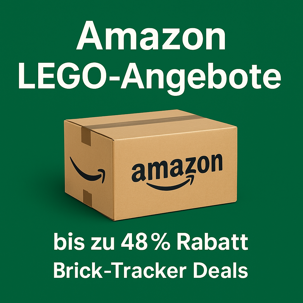 Brick-Tracker Beitragsbild mit Versandkarton und Amazon-Logo auf grünem Hintergrund mit weißem Schriftzug „Amazon LEGO-Angebote – bis zu 48 % Rabatt“