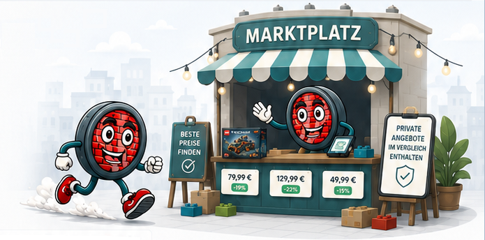 Brick-Tracker Marktplatz mit Verkäufer und Angeboten